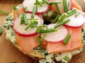 Veggie Herb Cream Cheese Everything Bagel, Topped with Smoked Salmon, Radish, Chives